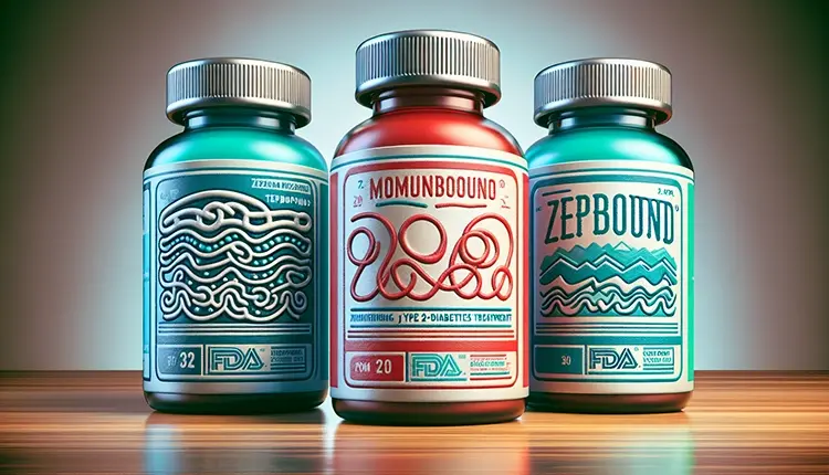 Illustration of three medication bottles representing Zepbound, Mounjaro, and Ozempic