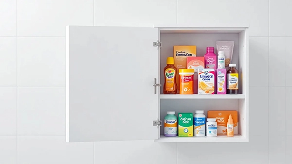 A well-organized medicine cabinet containing various OTC nausea medicines.