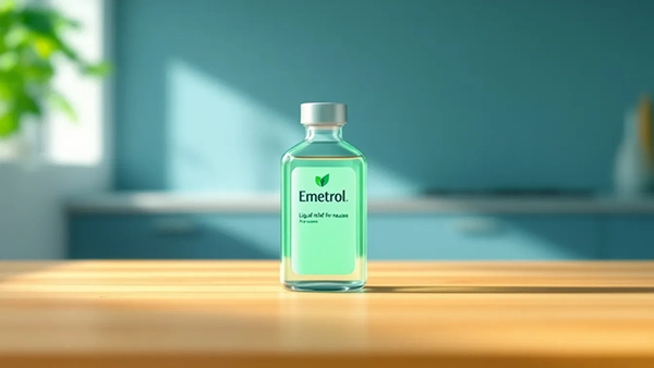 A refreshing bottle of Emetrol liquid relief for nausea on a kitchen counter.