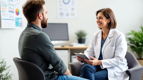 A healthcare provider is discussing various weight loss injection options, including retatrutide and other weight loss medications, with a patient, focusing on their potential for significant weight loss and improved metabolic health. The conversation includes topics such as managing obesity, controlling blood sugar levels, and the effectiveness of these treatments in a weight loss journey.