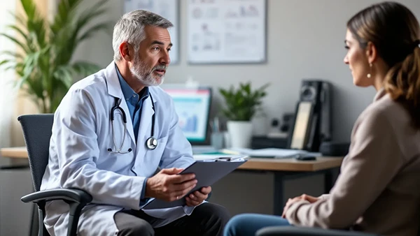 In the image, a doctor and a patient are engaged in a medical consultation, discussing various treatment options for weight management, including weight loss injections and diabetes medications. The scene emphasizes the importance of managing body weight and blood sugar levels, highlighting potential treatments like retatrutide and other GLP-1 receptor agonists.