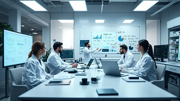 In a medical research laboratory, scientists are focused on analyzing data related to weight loss medications, specifically looking at the effectiveness of weight loss injections like retatrutide and its impact on body weight and blood sugar control. The atmosphere is filled with advanced technology and research materials, as the team works on understanding the medication's potential for managing obesity and promoting significant weight loss results.